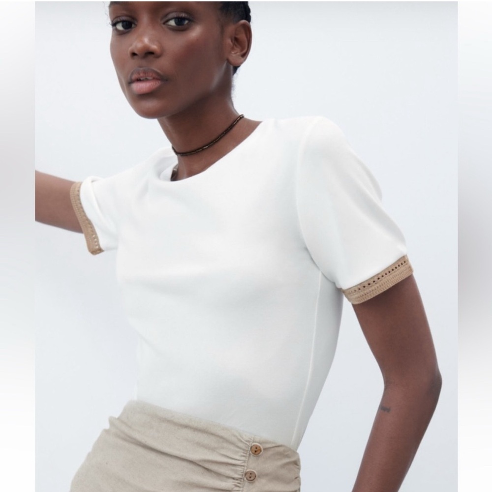 Zara White Crew neck Top with Gold Accents